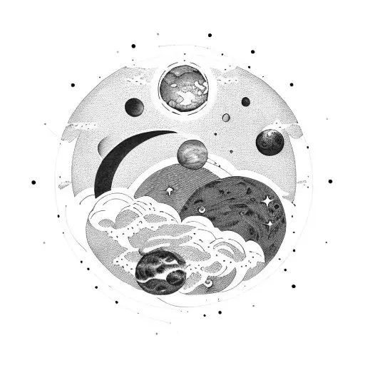 A Celestial Scene Of The Phases Of The Moon And Planets In A Blackwork Style
