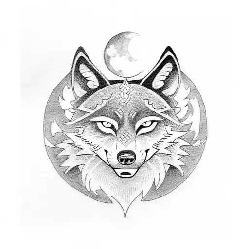 A Blackwork Tattoo Of A Wolf Howling In Front Of A Full Moon With A Classic Car In The Background