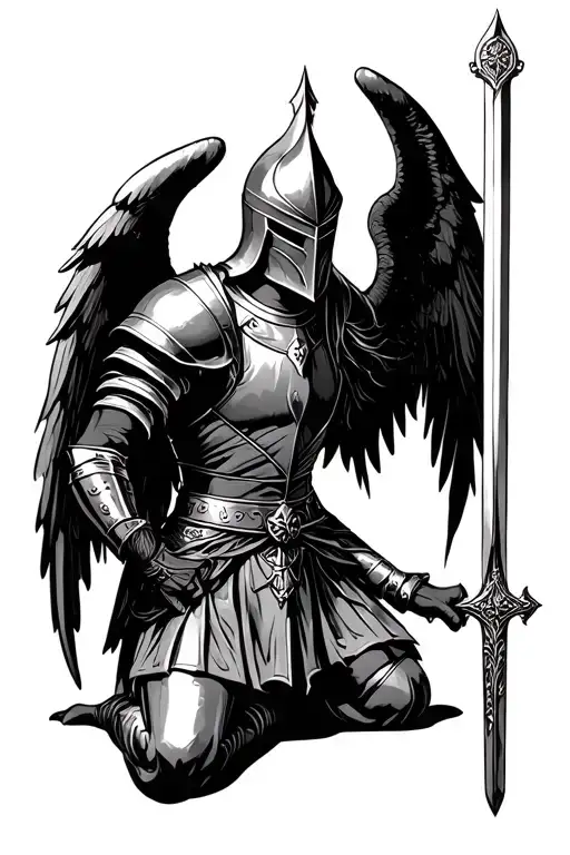 A Knight With Wings And Sword On One Knee