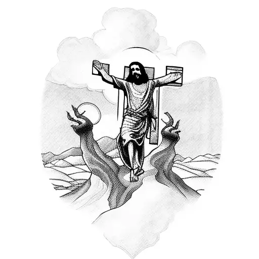 A Blackwork Design Of Jesus On The Cross With A Beautiful Hill Landscape