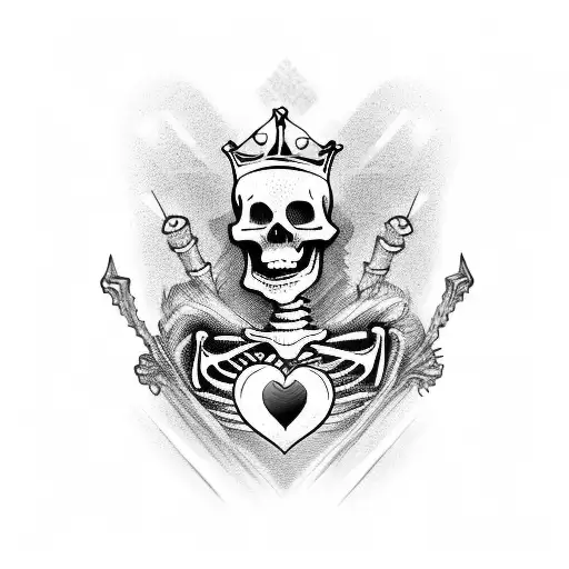 Skeleton King Of Hearts With Mistress On Each Side