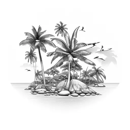 Tropical Island Landscape With Palm Trees And Crystal Clear Water