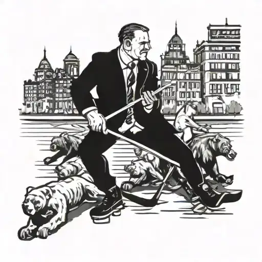 A Tattoo Design Of A Banker In A Suit Playing Hockey With A Group Of Bears In A Cityscape Setting