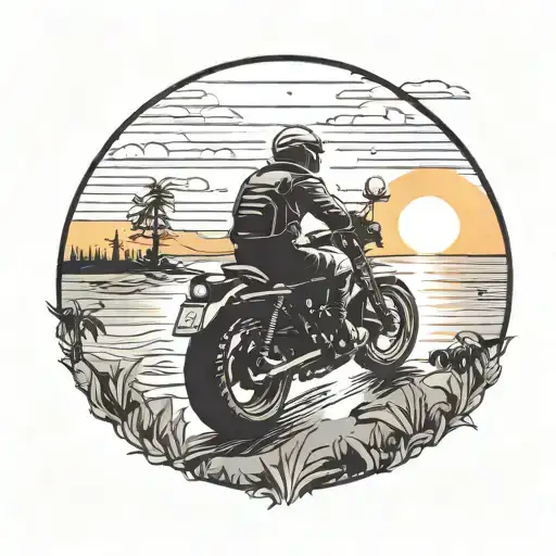 A Motorcycle Riding Through A Campsite At Sunset With A Serene Ocean In The Background