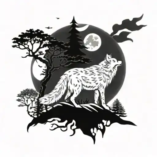 Full Moon Night Tree Wolf Howling