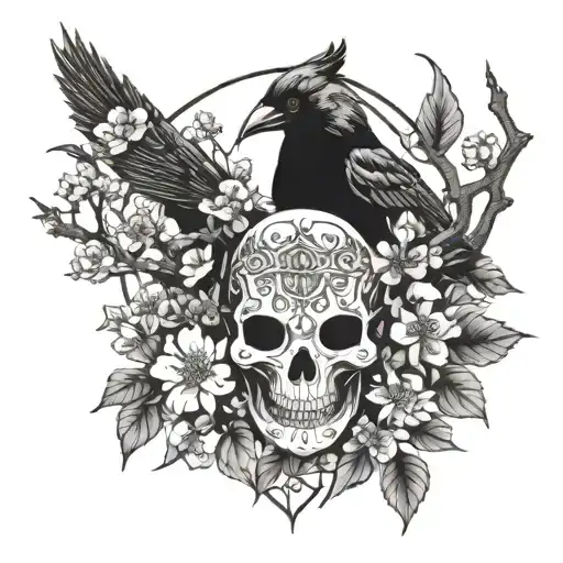 Cherry Blossom Branches And Crow And Warding Mask And Ghost