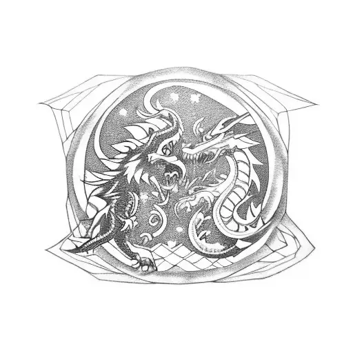 A Wolf And Dragon Engaged In A Fierce Chess Battle Under A Starry Sky