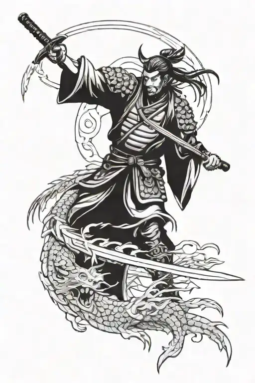 Samurai With Katana Temple And Dragon Flying