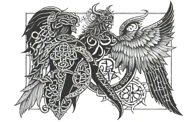 Viking Runes And Back Wing Demonic And Angel
