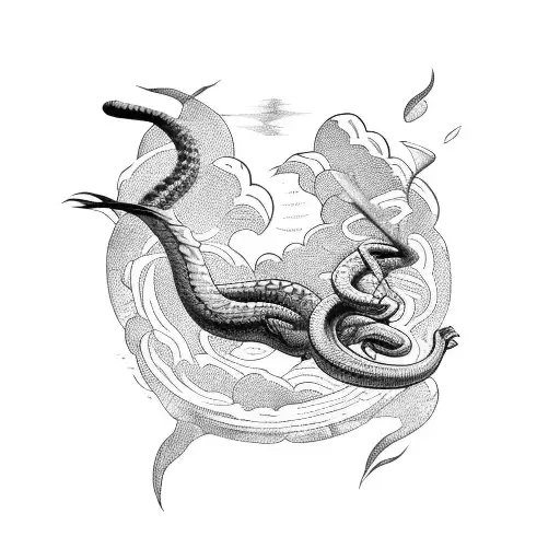 Fall Of Icarus In A Storm Background Whit A Snake