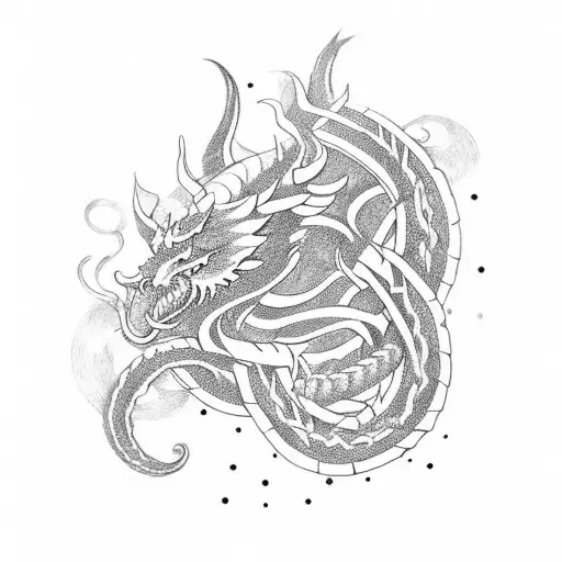 Nordic Knotwork Depicting A Nordic Dragon Around Vegvisirin A Blackwork Style