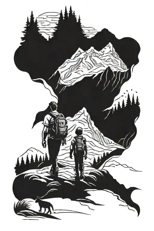 Father And Son Walking Back To Back Going To The Mountains