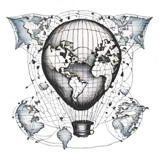 A Coffee Cup Morphing Into A Hot Air Balloon Flying Over A Watercolor Map Of The World