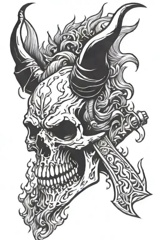 Skull With Horns With A Knife In His Teeth While Being In Flames