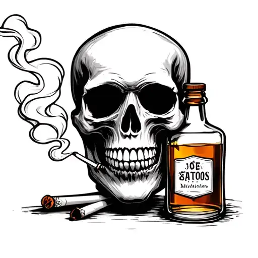 Skull Smoking Cigarettes And Drinking Whiskey Bottle