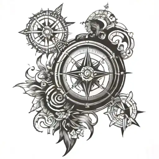 A Tattoo Of A Compass With Mayan Symbols Representing A Journey Through Life