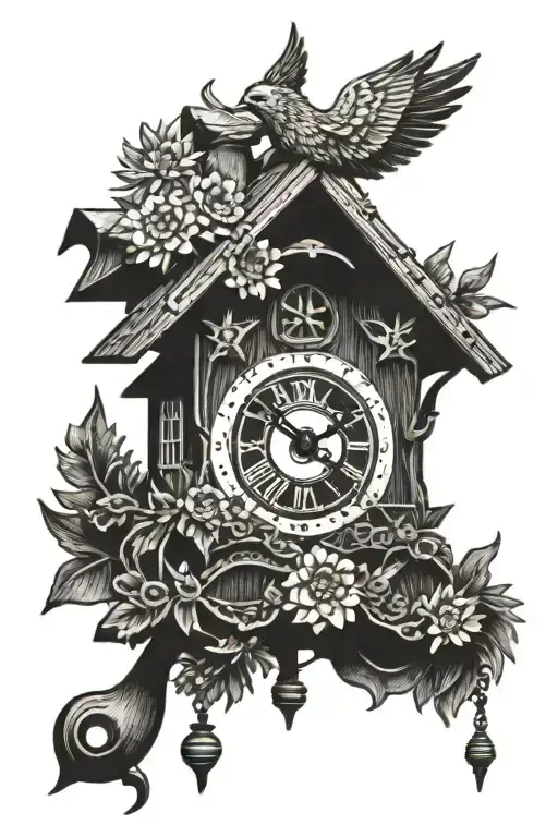 German Cuckoo Clock With Edelweiss Surrounding And A Chimney Roof With Weights On The Bottom