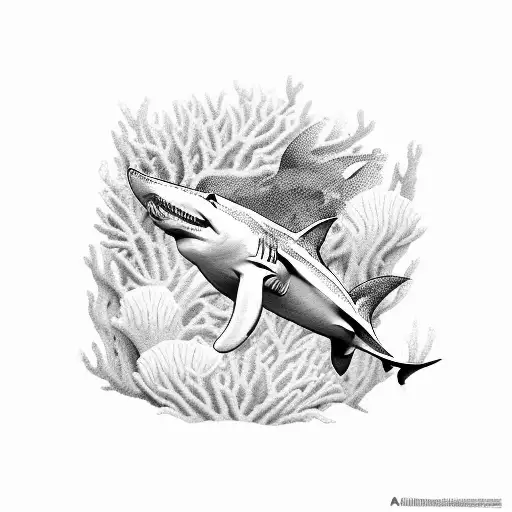 A Realistic Tattoo Of A Shark Swimming Through A Coral Reef