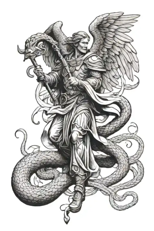 Archangel Michael Killing Snake Coiled