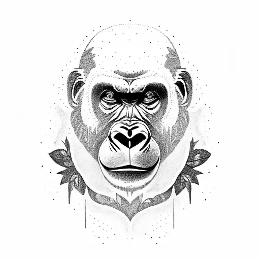 An Intricate Blackwork Tattoo Of A Gorilla Blending Into A Forest Backdrop