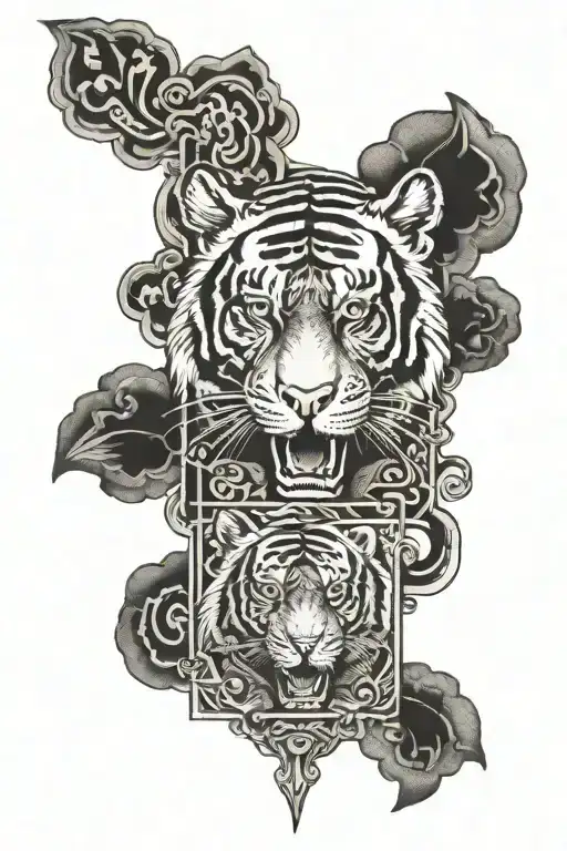 Traditional Thai Sak Yant Tiger And Text Surrounding Three Crosses