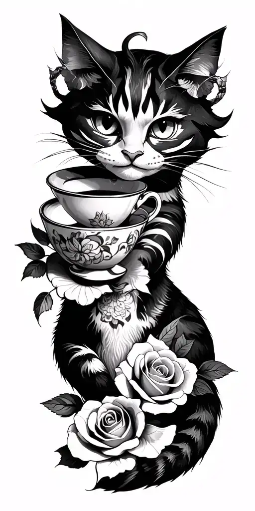 Cheshire Cat With Teacup And Rose Intertwined