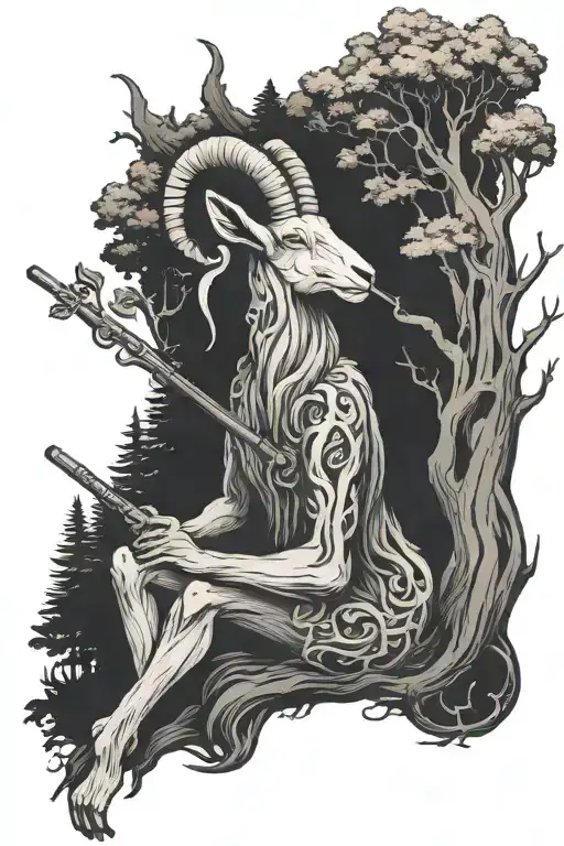 A Mythical Goat Forest Creature Playing A Flute Under A Majestic Forest Tree