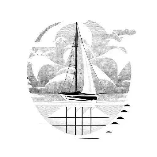 Catamaran On The Ocean With Palm Trees In The Back