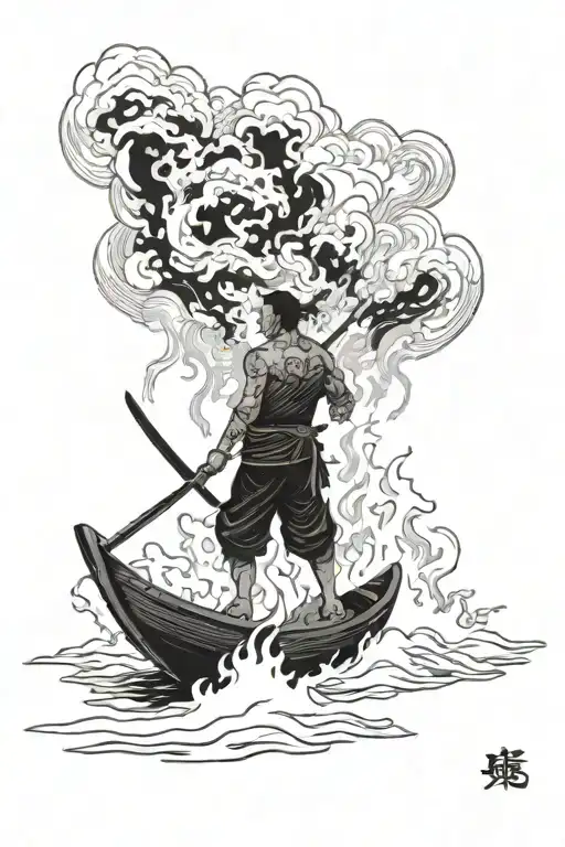 Burning Boats In Fire In The Background With A Samurai Standing On The Shore In The Foreground