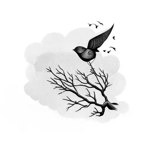 Bird On Branch With Horizon Background With Color Details