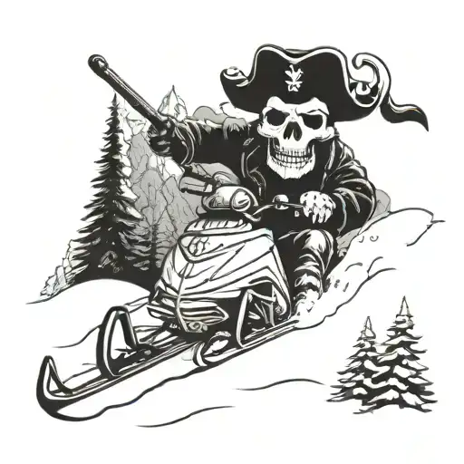 A Skull Wearing A Pirate Hat Riding A Snowmobile Through A Snowy Landscape