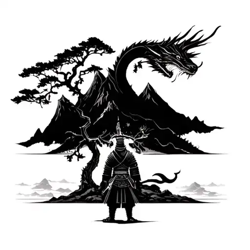 Samurai Standing Under A Tree Looking At A Mountain And Dragon