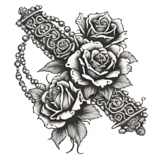 Rosary Wrapping Around Arm With Clouds And Roses Intertwined