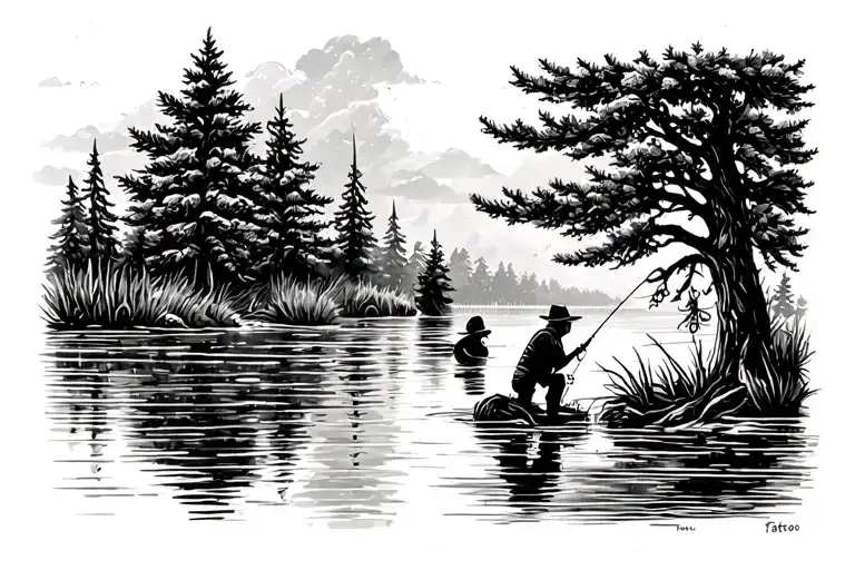 Kid Fishing With Grandpa Under Pine Tree In A Pond