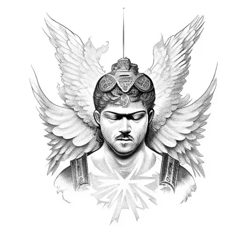 Upper Body Of Roman Guardian Angel Peotector In Clouds Looking Down