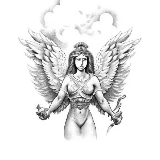 Upper Body Of Female Roman Guardian Angel Peotector In Clouds Looking Down