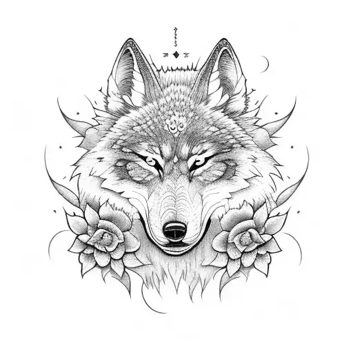 Moon Wolf And Flowers