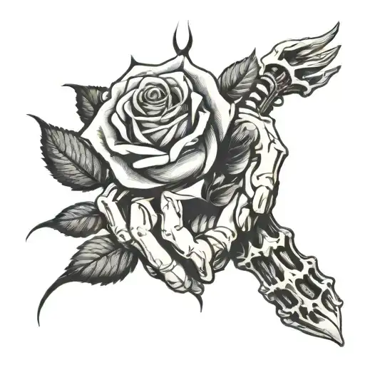 Black Rose With Thorns Being Held By A Skeleton Hand