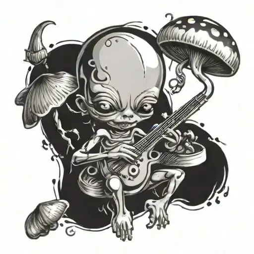 A Whimsical Design Of A Baby Alien Playing A Musical Instrument With Mushrooms Dancing Around