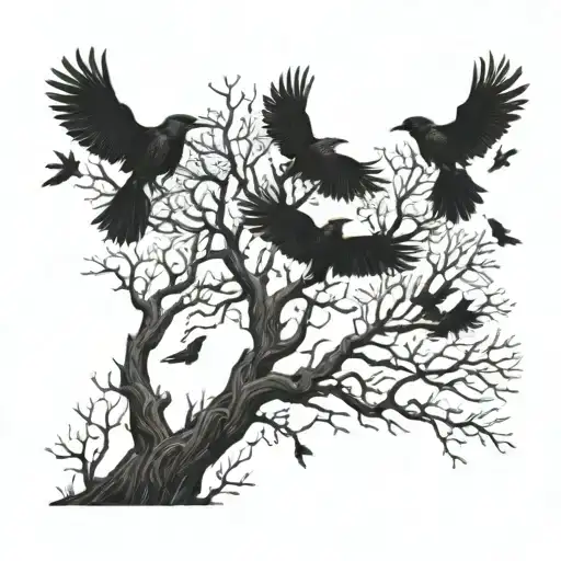 Crows Flying From Dying Tree Growing