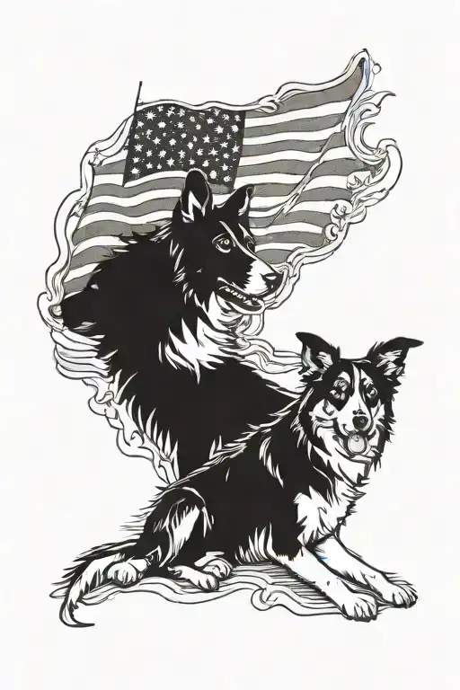 Border Collie And German Shepherd American Flag