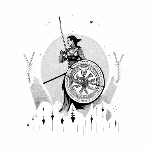 Tired But Proud Woman Gladiator With An Arrow Hitting The Shield