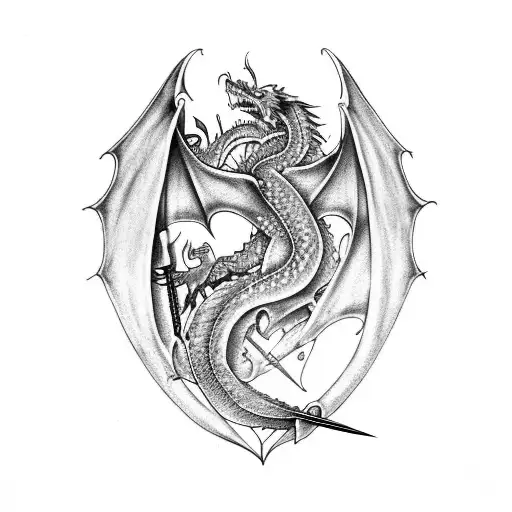 A Sword And Dragon With Butterfllies