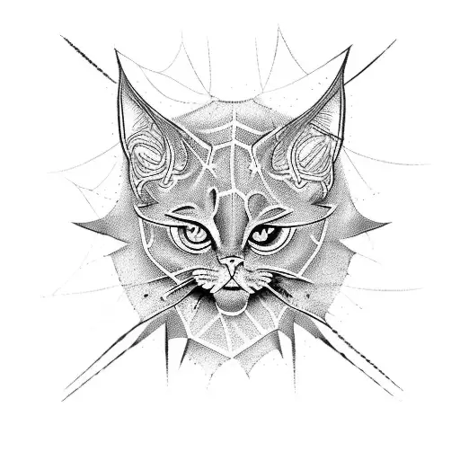 A Tattoo Design Of A Gothic Gato With A Spiderweb Background In A Blackwork Style
