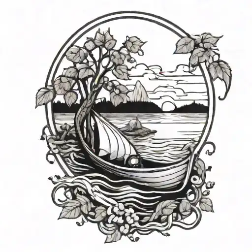 Hop Vines Surrounding Canoe And Sunset