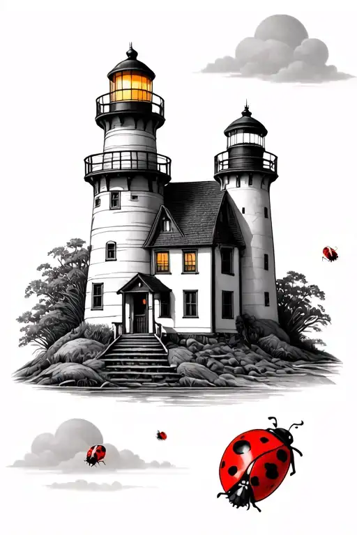 Traditional Lighthouse With Ladybugs