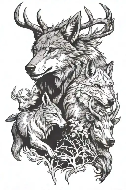 A Large Gray Wolf Head And A Fallow Deer And A Stallion Intertwined
