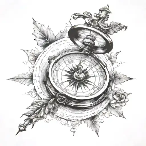 A Compass Pointing North And Above It A Roman Clock