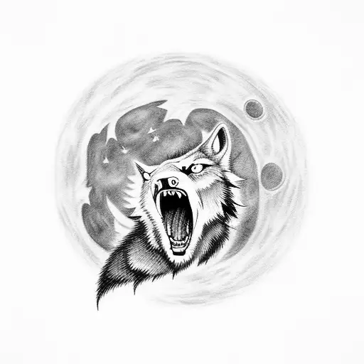 A Fierce Wolf Howling At The Moon In A Blackwork Style