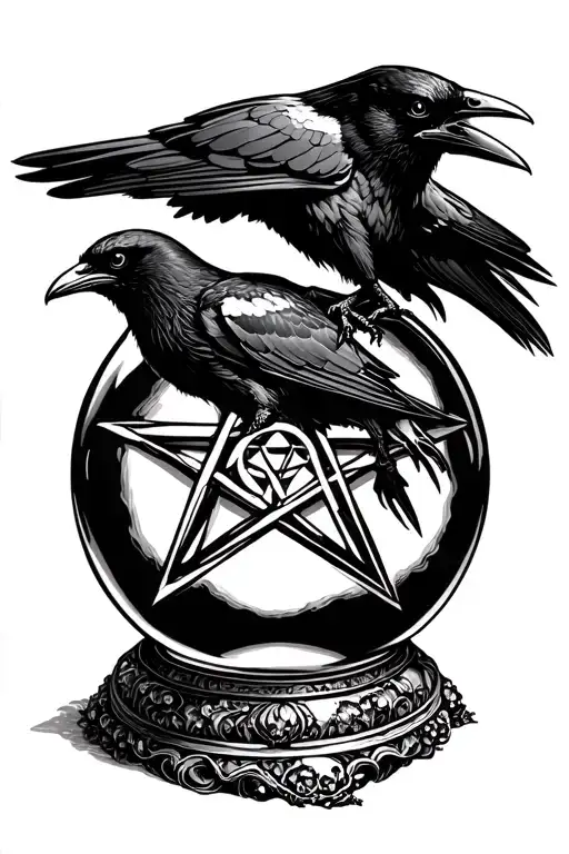 Raven On Top Of Crystal Ball With Pentagram In Crystal Ball